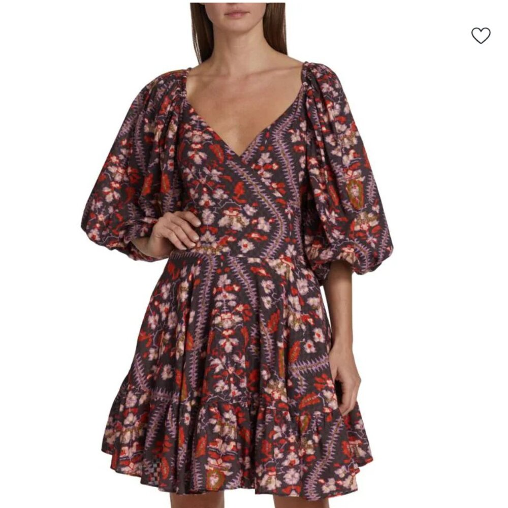 RHODE Darya Puff Sleeve Tiered Mini Dress in Plumeria Chocolate NWT